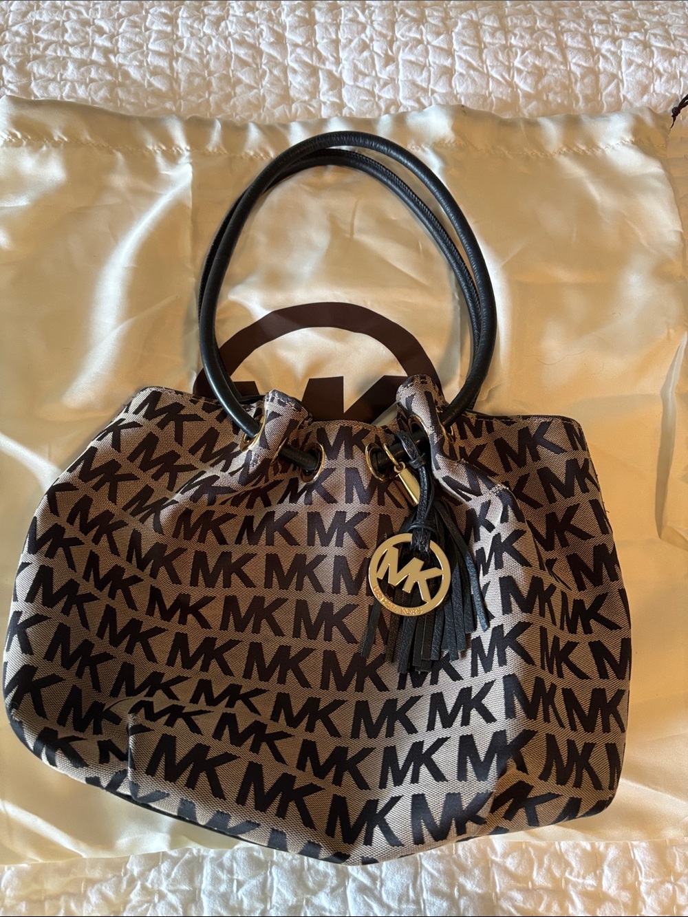Michael Kors Brown MK Logo Shoulder Bag with Black Handles & Dustbag